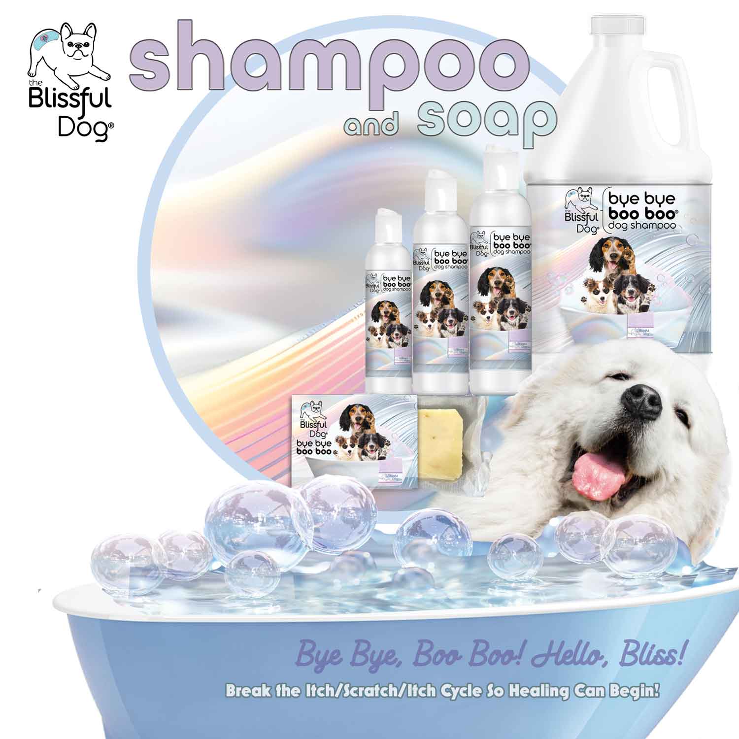 Dog shampoo and soap products with a dog in a bathtub, featuring the brand 'Blissful Dog'.