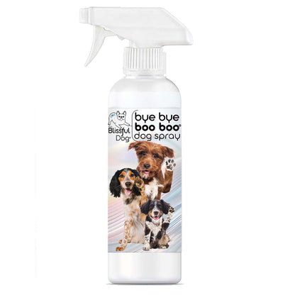 Dog spray bottle labeled 'bye bye Blissful Boo Boo' with images of dogs on a white background
