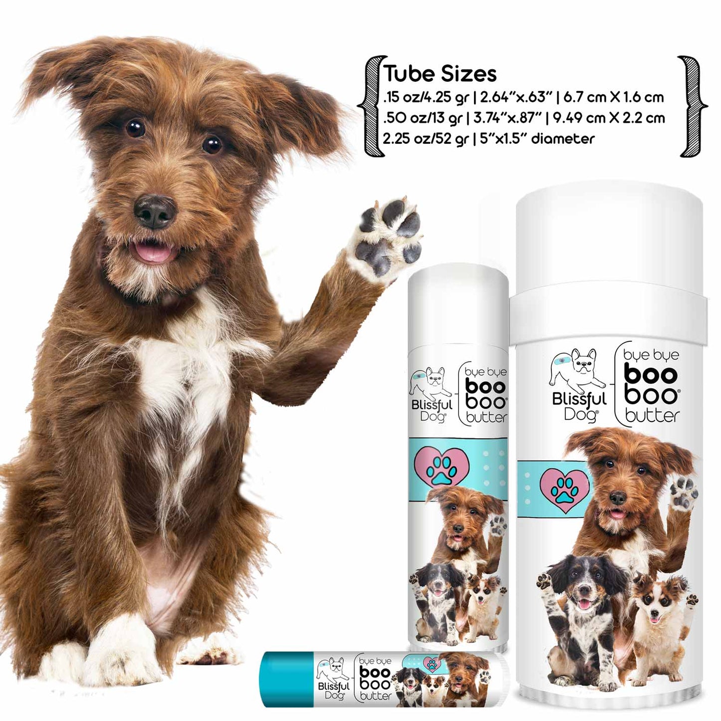 Dog with a raised paw next to Blissful Dog product tubes on a white background