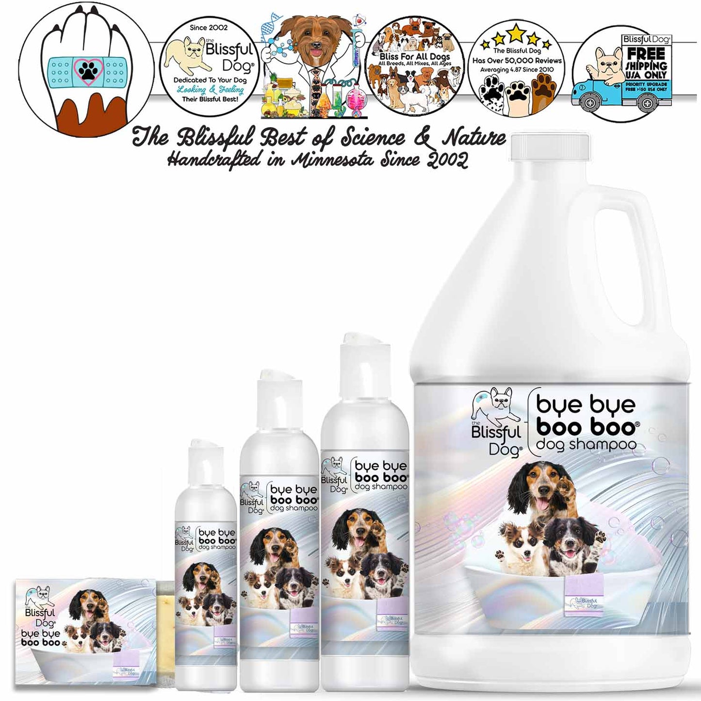 Collection of 'bye bye boo boo' dog shampoo products with branding and product names displayed.