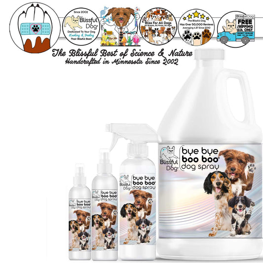 Blissful Dog product line including bottles and a large container on a white background.
