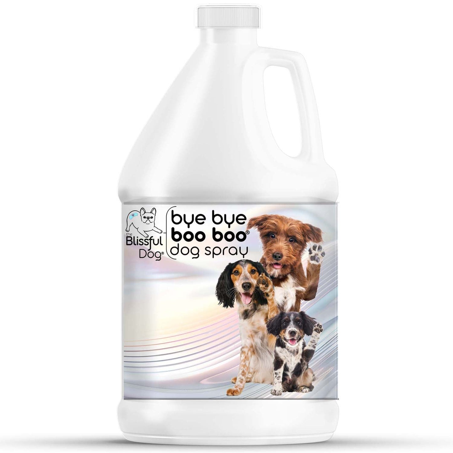 Gallon container of Blissful Dog bye bye boo boo dog spray with images of dogs on a white background