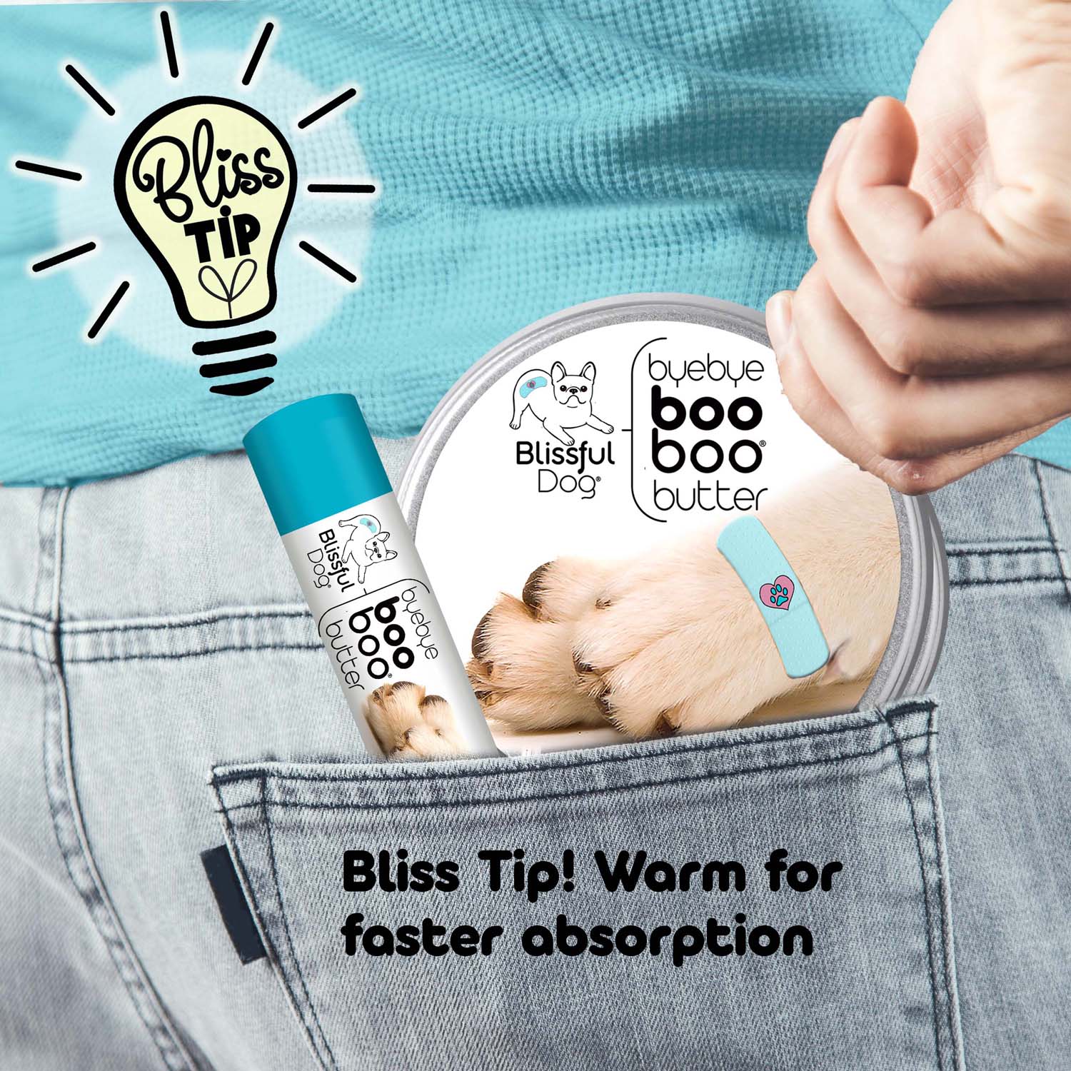 Product packaging for 'byebye boo boo butter' with a dog paw and bandage, set against a blue background.