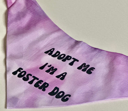 Purple bandana with 'Adopt Me I'm a Foster Dog' text on a light background
