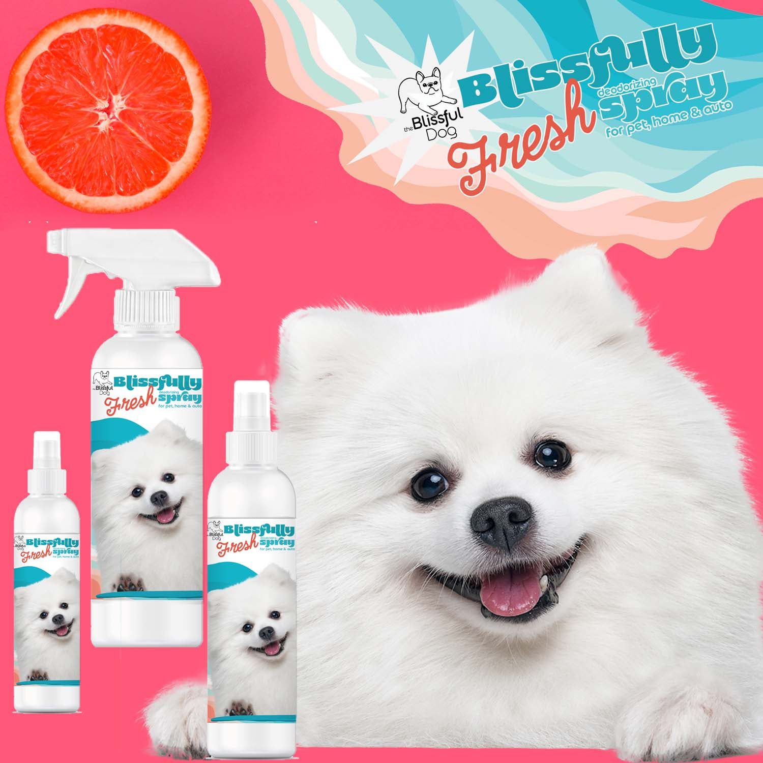 Blissfully Fresh dog spray with a white dog on a pink background
