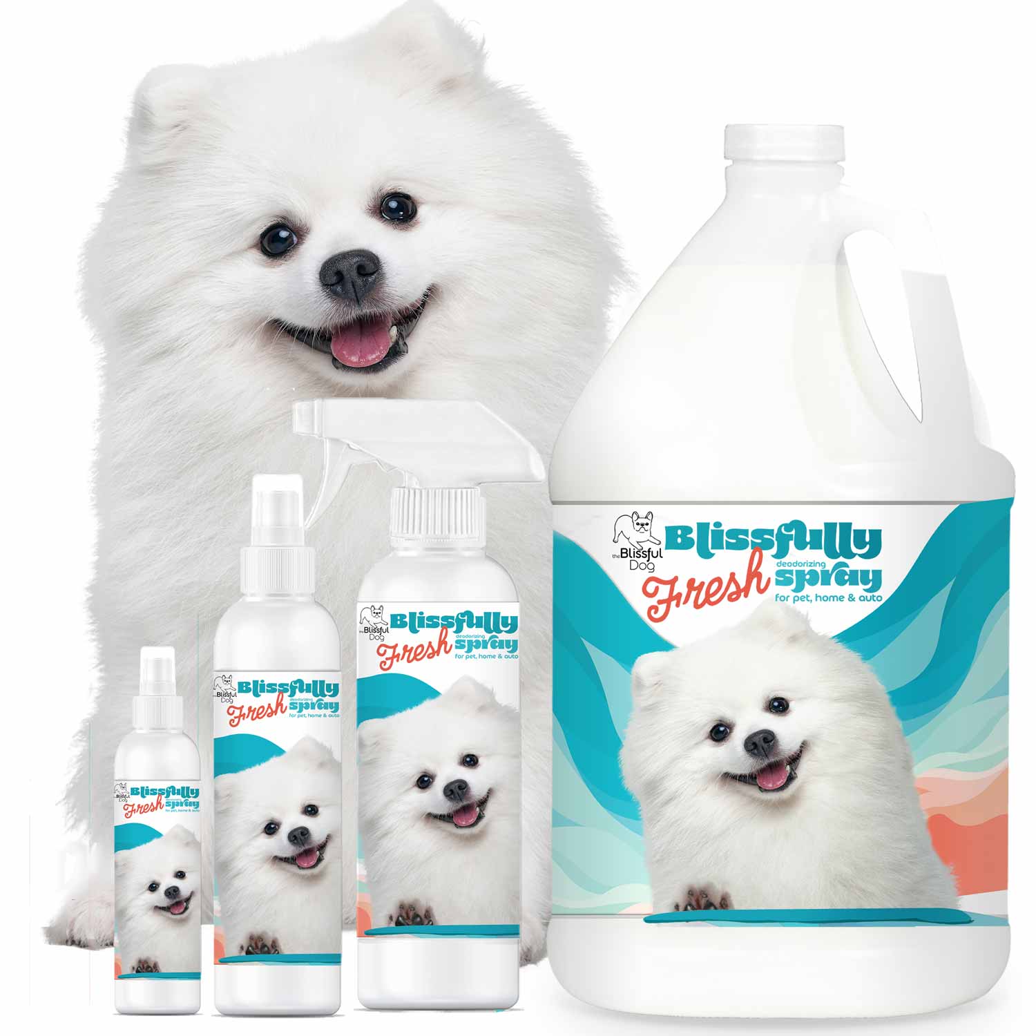 White dog with Blissfully Fresh pet care products on a white background