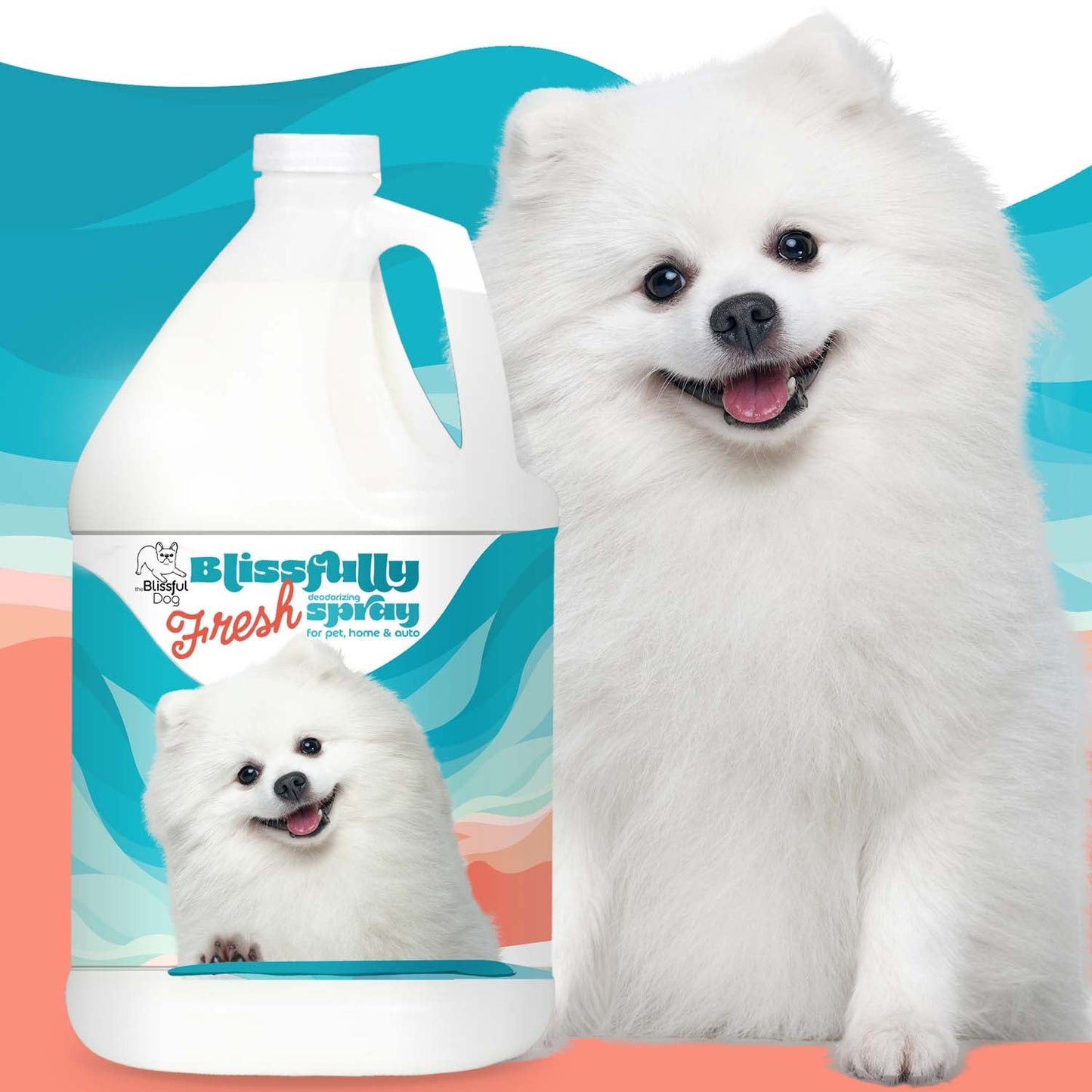 White dog next to a bottle of Blissfully Fresh Spunky pet product on a colorful background