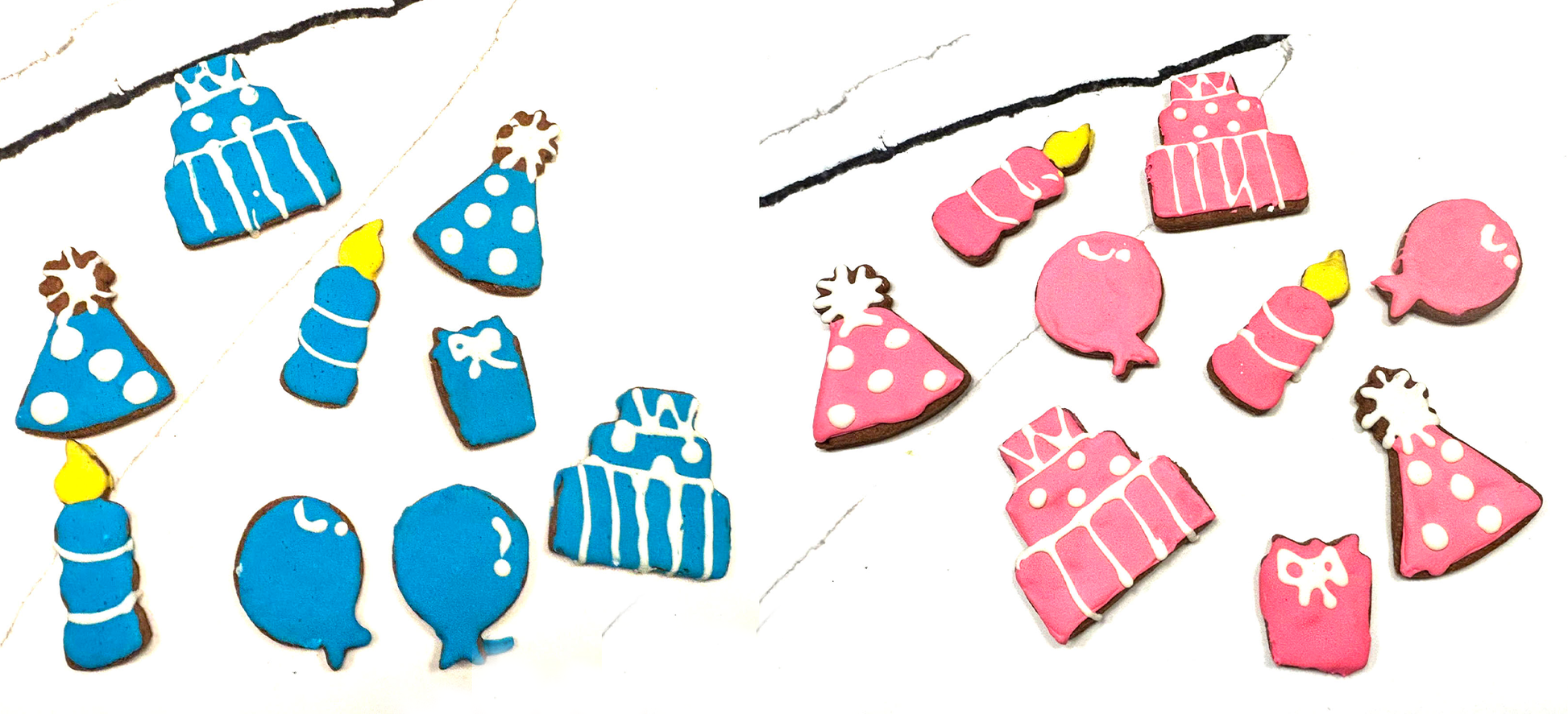 Colorful birthday-themed cookies including cakes, balloons, and presents on a white background.