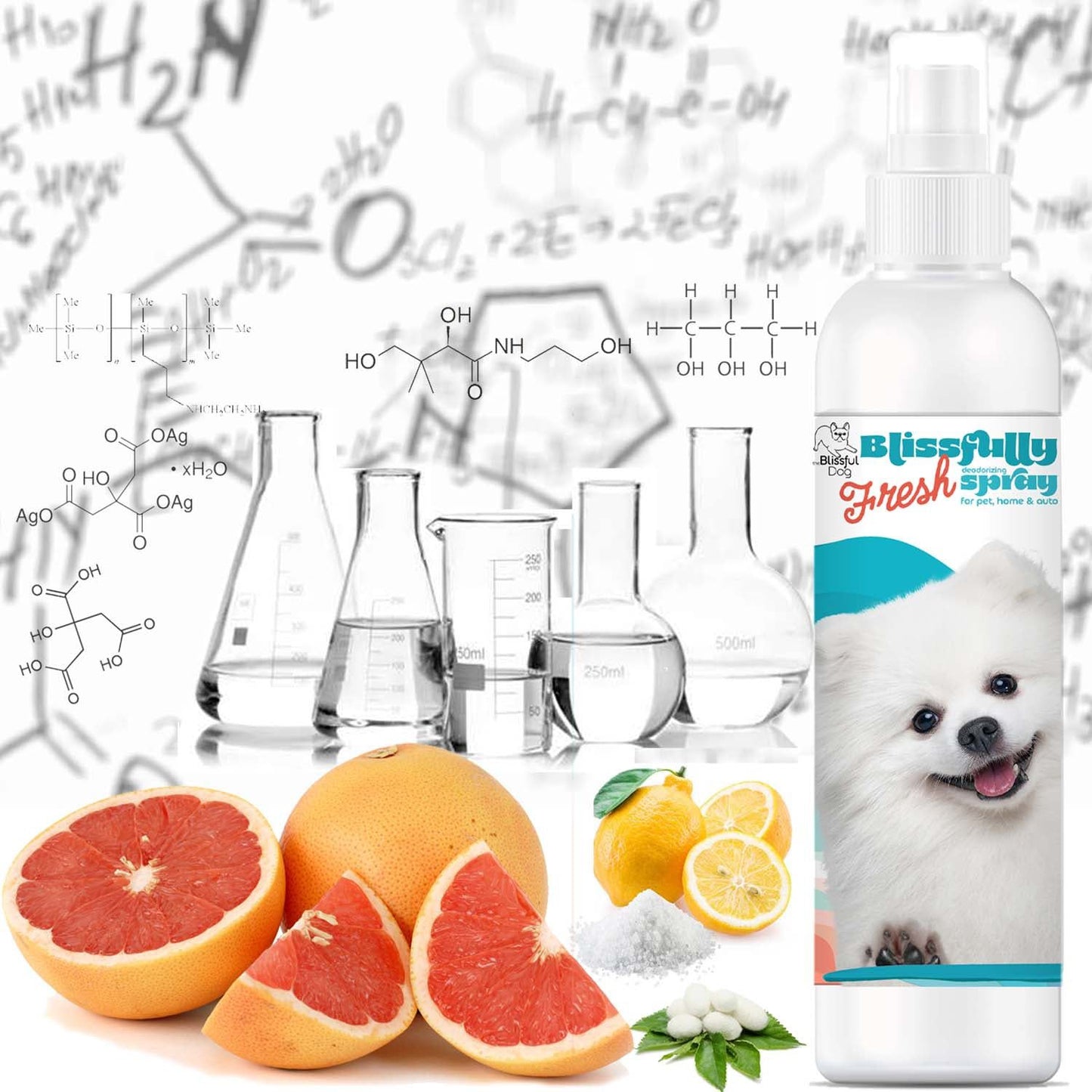 Bottle of 'Blissfully Fresh' dog shampoo with a dog on the label, surrounded by fruits and chemical formulas.