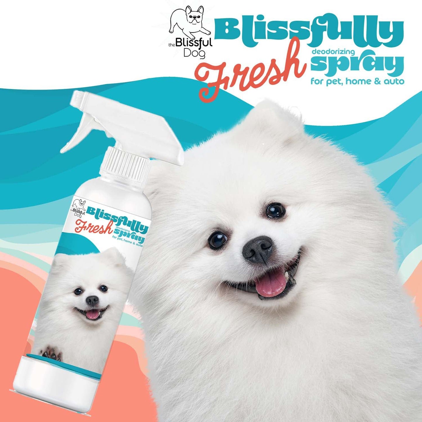 Blissfully Fresh spray bottle with a dog on a colorful background