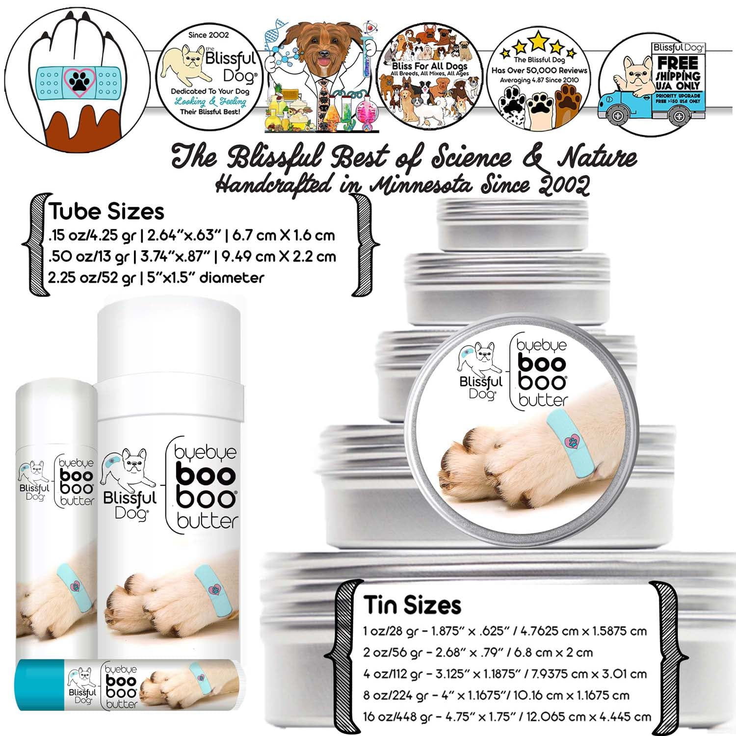Blissful Boo Boo Butter packaging with product sizes and branding details.