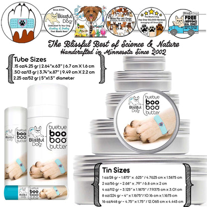 Blissful Boo Boo Butter packaging with product sizes and branding details.