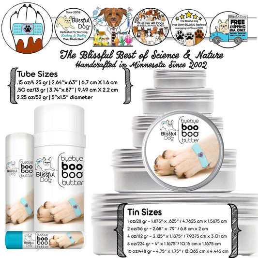 Blissful Boo Boo Butter packaging with product sizes and branding details.