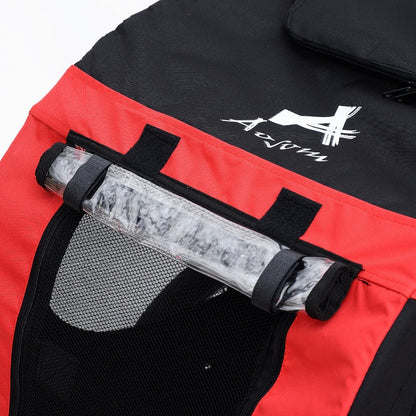 Red and black bag with a rolled-up mat inside, featuring a brand logo.