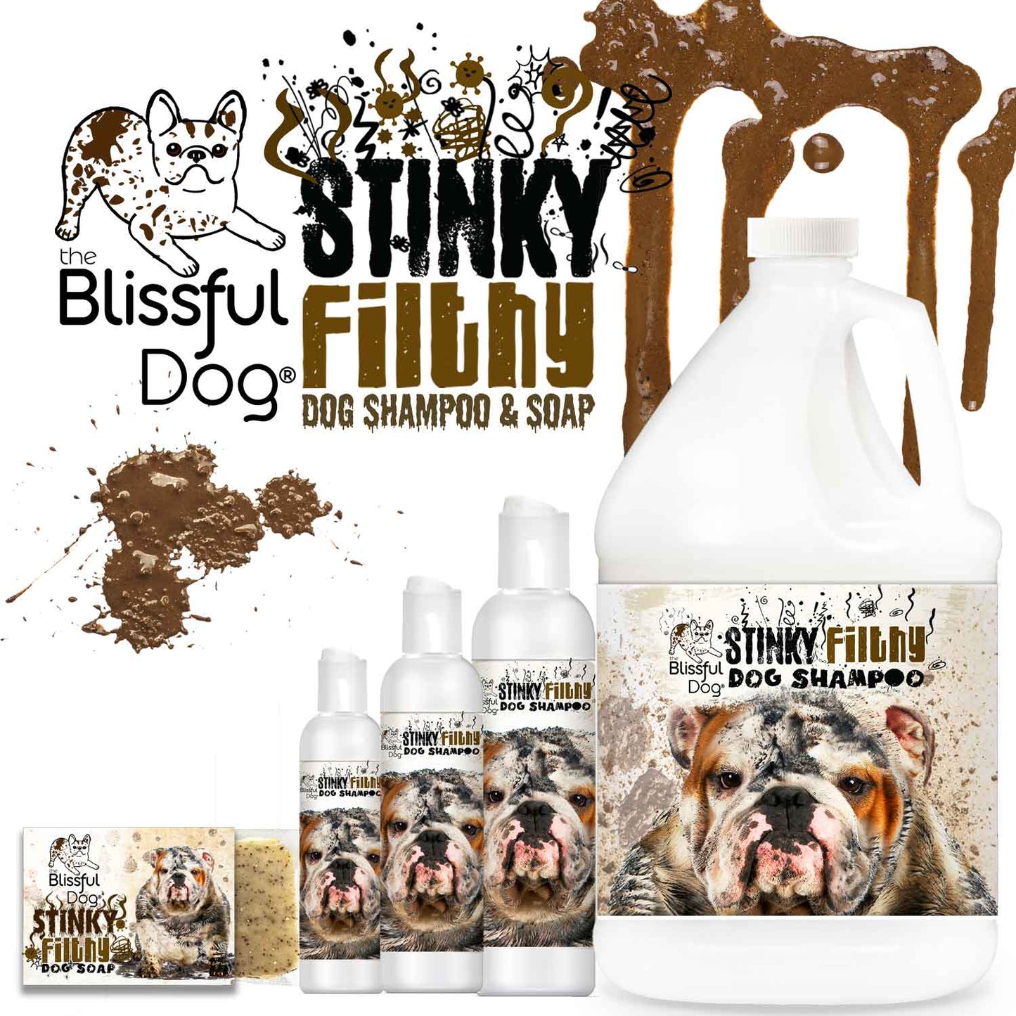 Stinky Filthy Dog Shampoo and Soap products by The Blissful Dog with packaging featuring a dog's face.