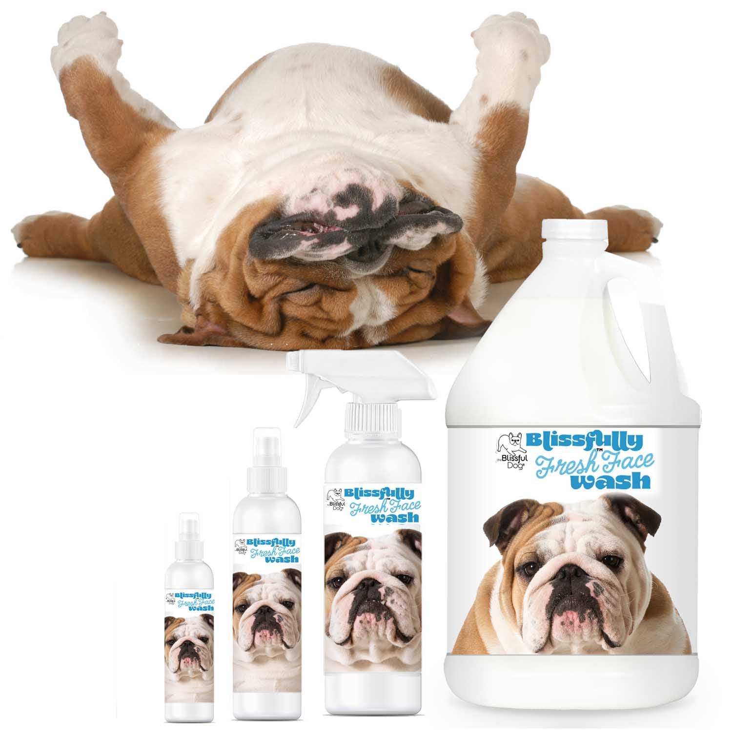 Dog products including bottles and a spray bottle with bulldog branding on a white background.