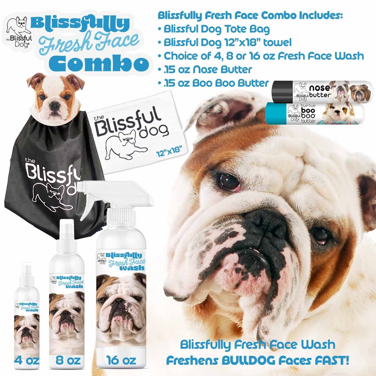 Blissfully Fresh Face Combo for dogs with products and a bulldog's face.