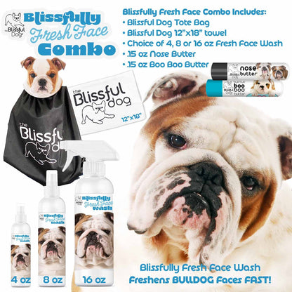 Blissfully Fresh Face Combo for dogs with products and a bulldog's face.