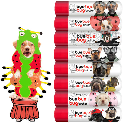 Dog caterpillar costume with 'bye bye bug butter' packaging featuring dogs on a white background