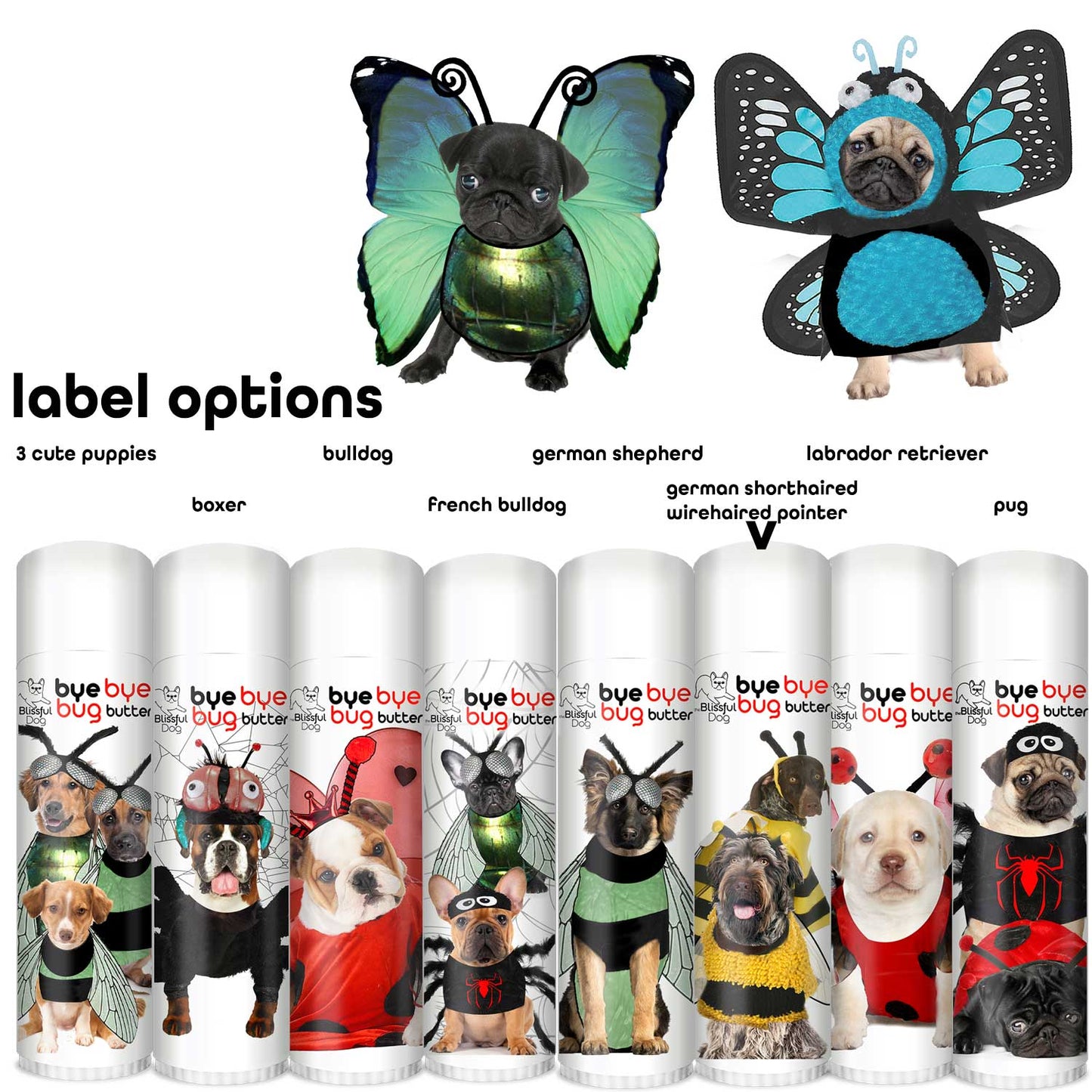 Collection of dog costumes with various breeds and labels on a white background