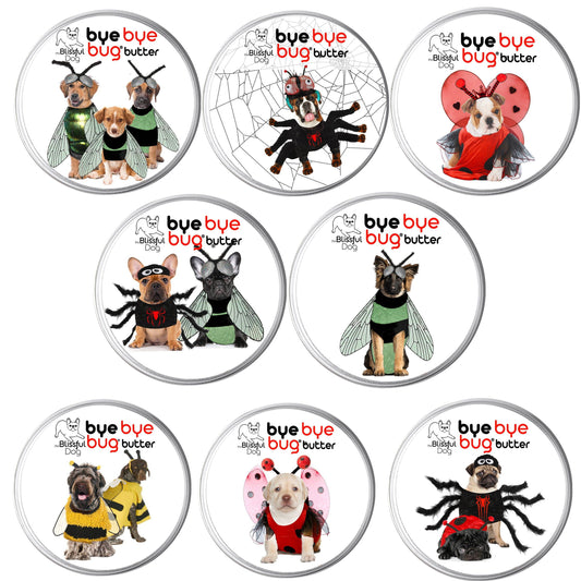 Set of 'bye bye bug butter' coasters with dogs in various costumes on a white background.