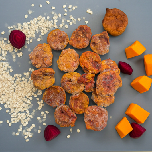 Dried apricots with oats, carrots, and beets on a gray surface