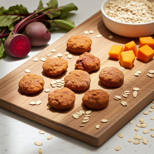 Baked goods on a wooden board with oats and beets in the background