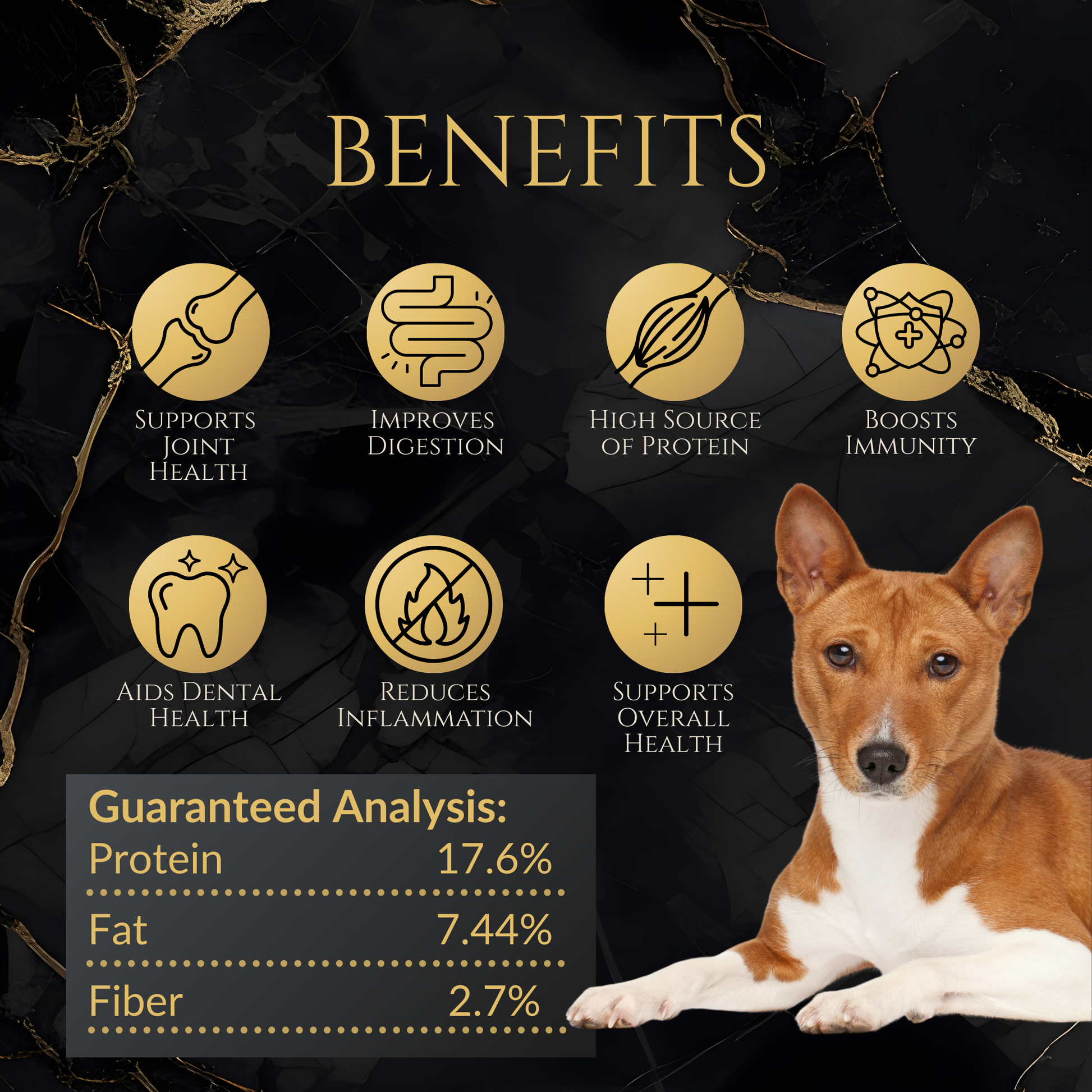 Dog with health benefits and guaranteed analysis on a dark background