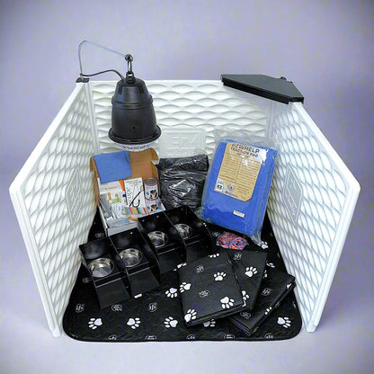 Pet supplies including a lamp, food bowls, and mats in a white hexagonal container on a gray background.