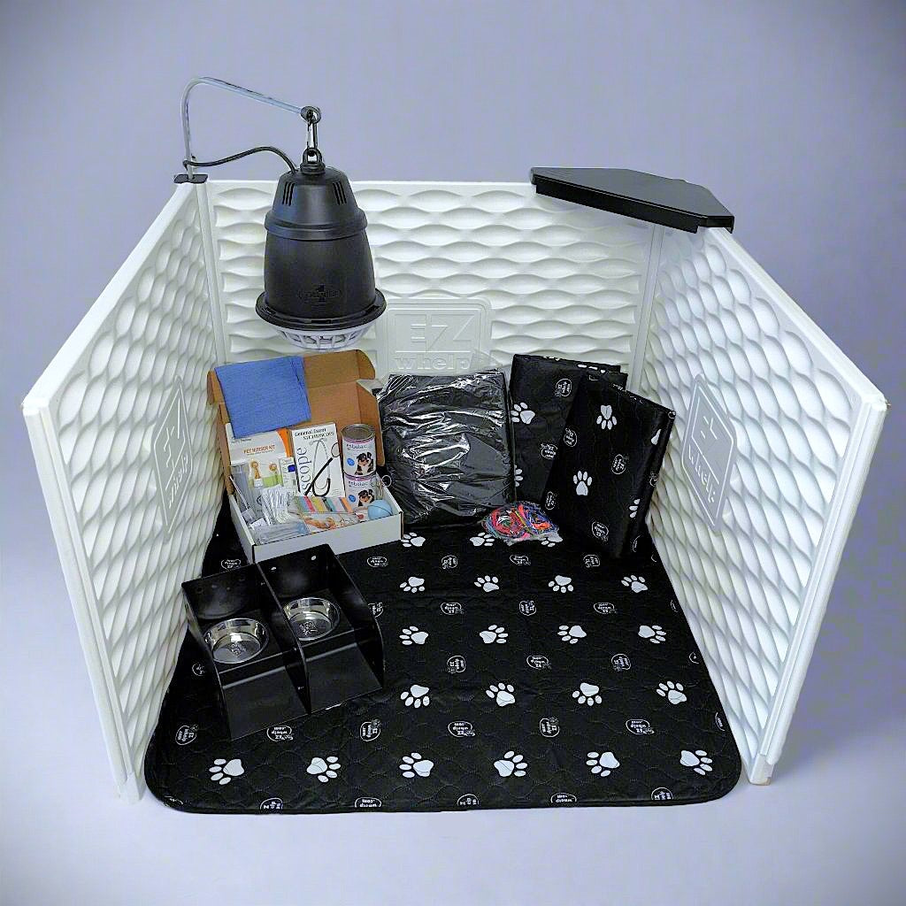 Pet playpen with supplies including a lamp, books, and food packages on a gray background