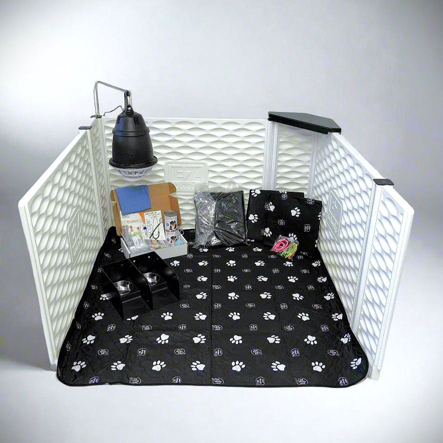 Pet playpen with a black paw print mat inside, on a gray background