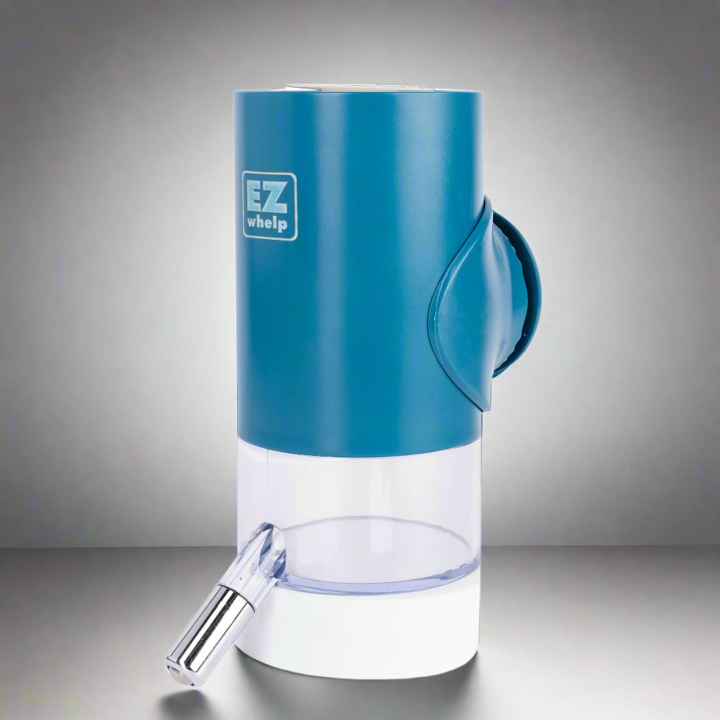 Blue and white pet water bottle with EZ Whelp logo on a gray background