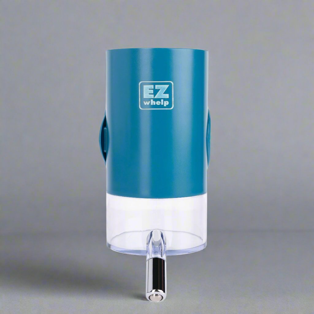 Blue and white device with 'EZ whelp' branding on a gray background