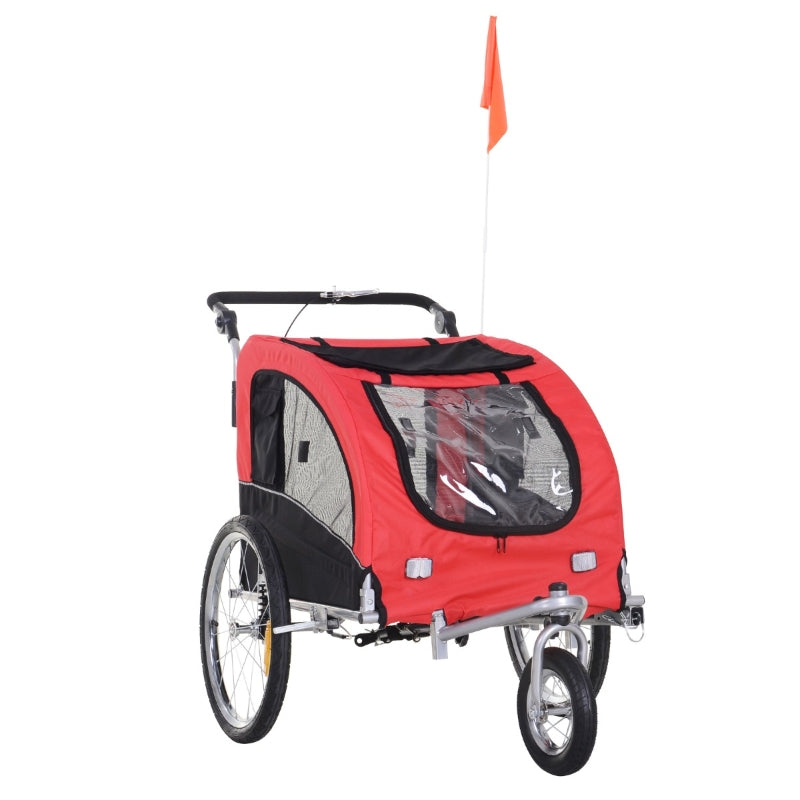 Red and black pet stroller with a clear front window on a white background