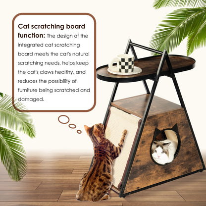 Wooden cat scratching board with a cat inside, surrounded by green leaves.