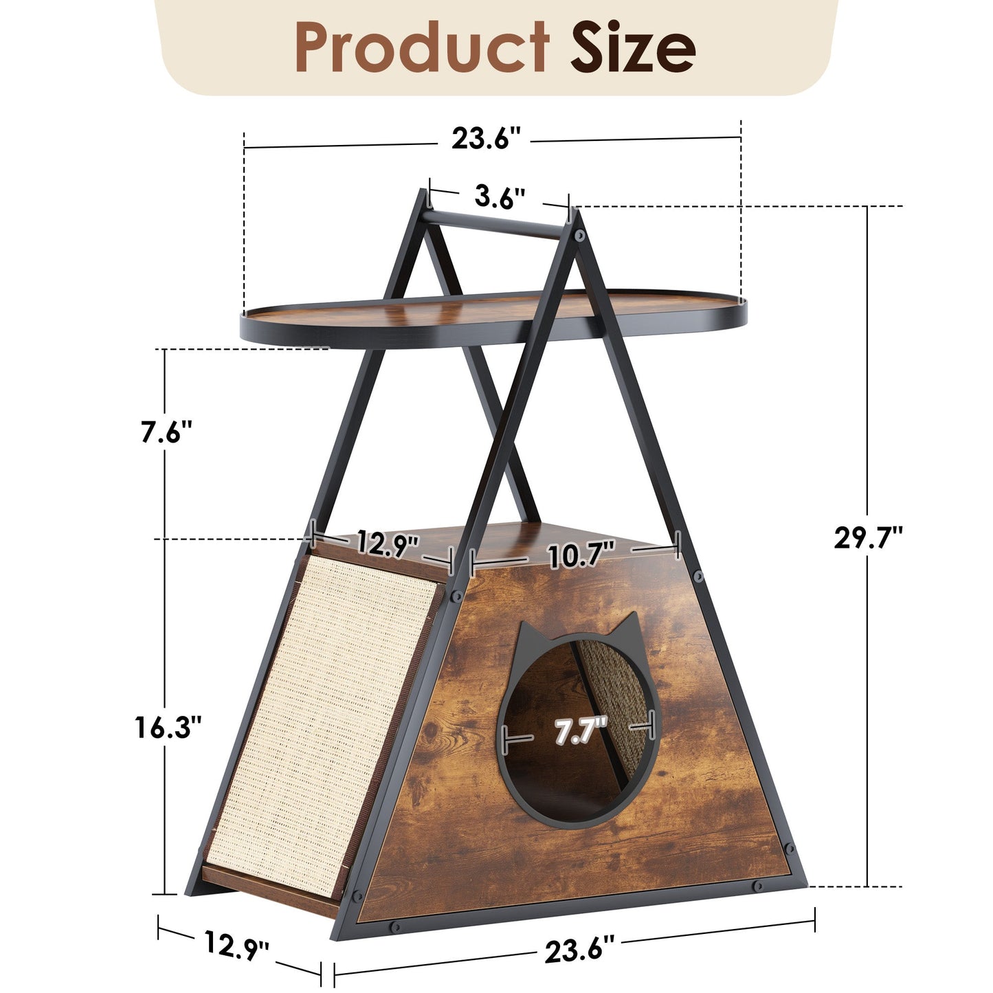 Dimensions of a wooden pet playhouse with a table on a white background