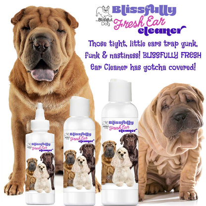 Dog ear cleaner product with Shar Pei dogs and promotional text on a white background