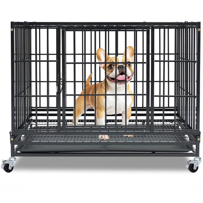 Dog standing inside a large black metal dog crate on a white background