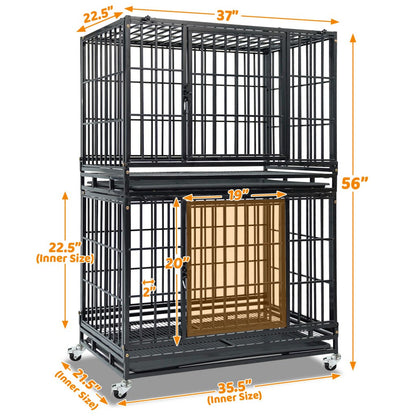 Black metal dog cage with dimensions indicated on a white background