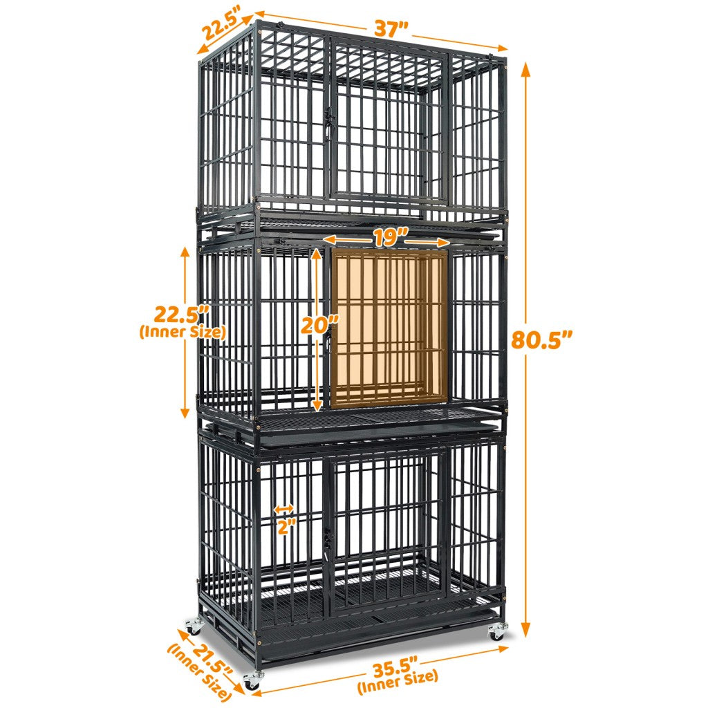 Stackable metal dog cages with dimensions on a white background