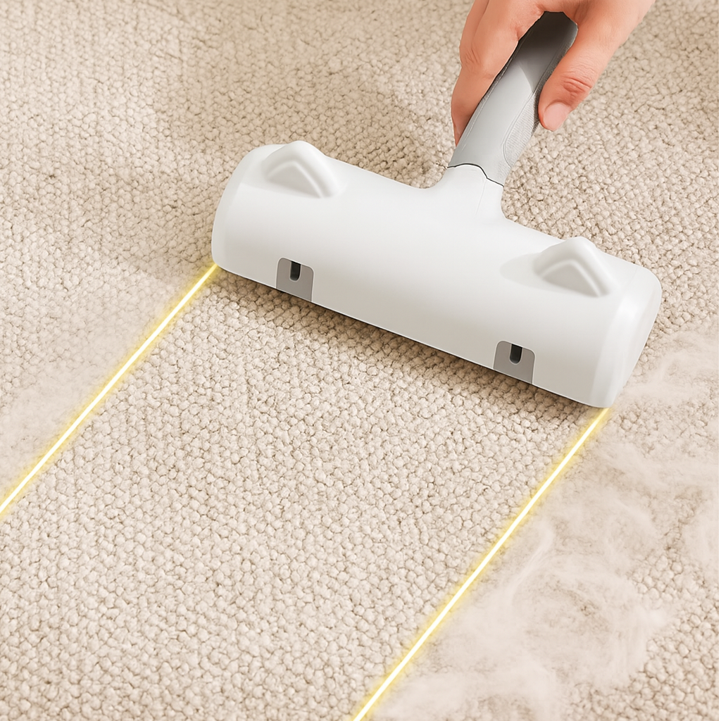 Person using a white carpet cleaning tool on a beige carpet