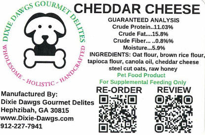 Dixie Dawgs Gourmet Delites cheddar cheese pet food label with product details and QR codes.