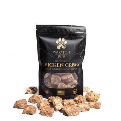 Bag of Wasatch Pup Chicken Crisps dog treats on a white background