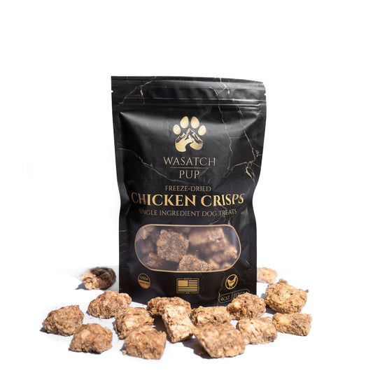 Bag of Wasatch Pup Chicken Crisps dog treats on a white background