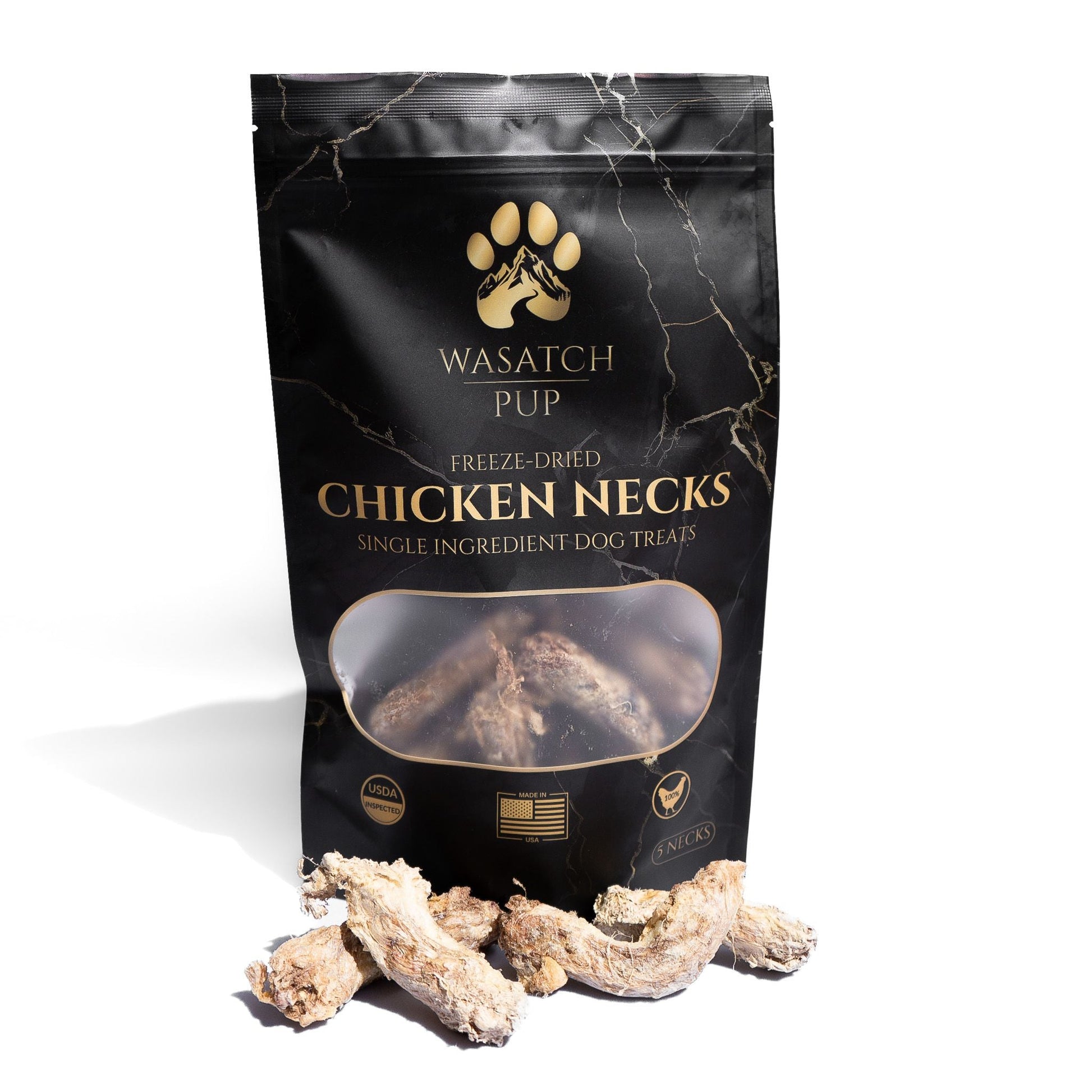 Bag of Wasatch Pup freeze-dried chicken necks dog treats on a white background