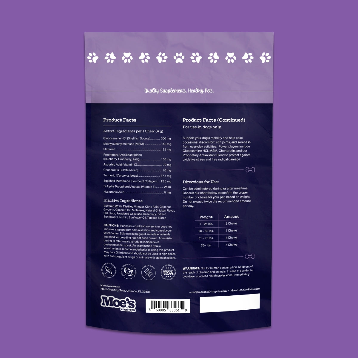 Back view of a purple pet supplement package with text and branding on a matching purple background.