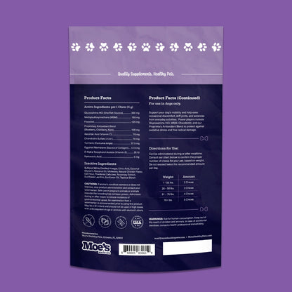 Back view of a purple pet supplement package with text and branding on a matching purple background.