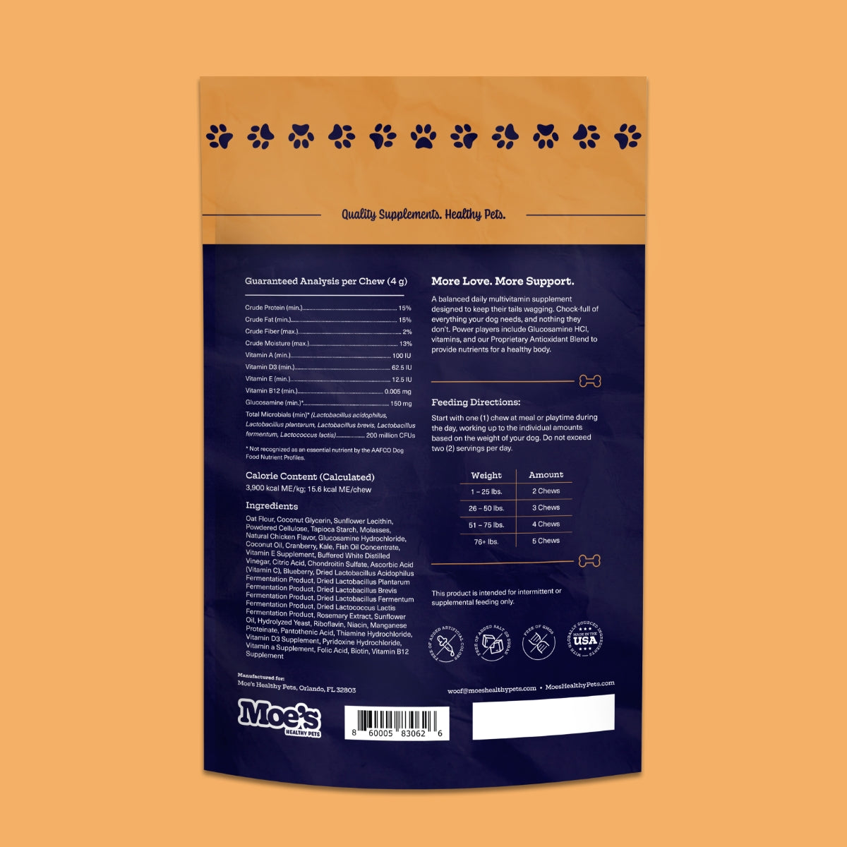 Back view of a pet supplement package with text and branding on an orange background