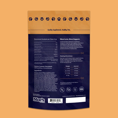 Back view of a pet supplement package with text and branding on an orange background