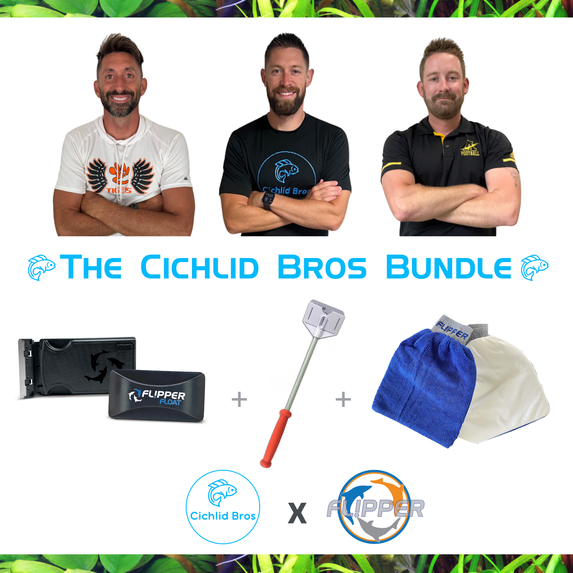 Three men standing together with 'The Cichlid Bros Bundle' products displayed below.